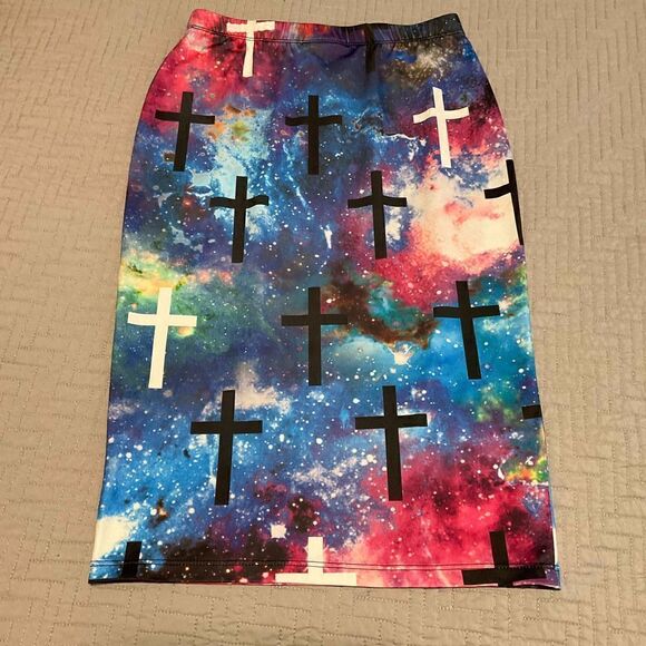 Modern Lux Stretch Multicolor and Cross Midiskirt, S, christcore, bubble goth - Picture 2 of 7